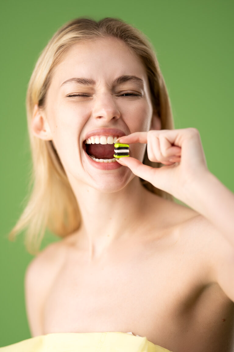 Model against a green background